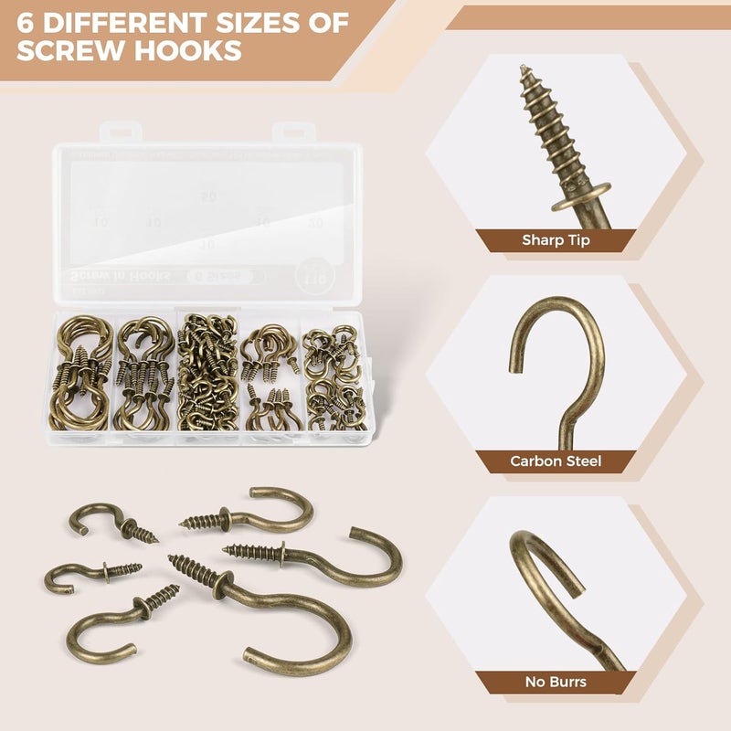 RELBRO Screw Hooks, 6 Sizes Metal Screw in Cup Hooks, 1/2 Inch, 5/8 Inch, 3/4 Inch, 7/8 Inch, 1 Inch, 1-1/4 Inch, Bronze, 110 Pcs - Image 4